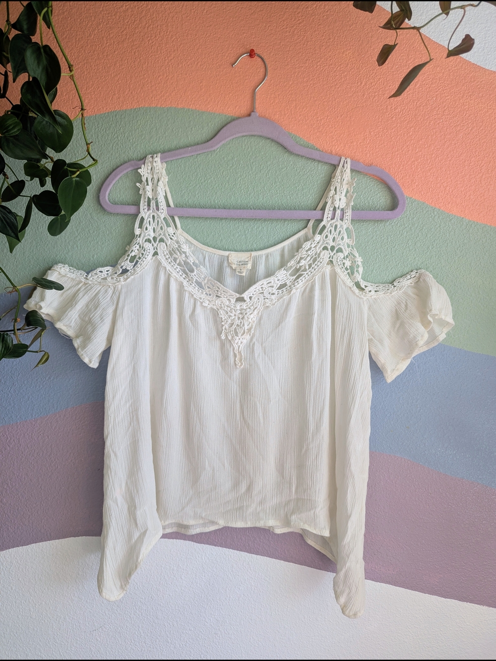 Caution To The Wind White Crochet-Trim Cold Shoulder Blouse